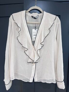 Zara Cream Ruffle V-Neck Blouse with Black Trim